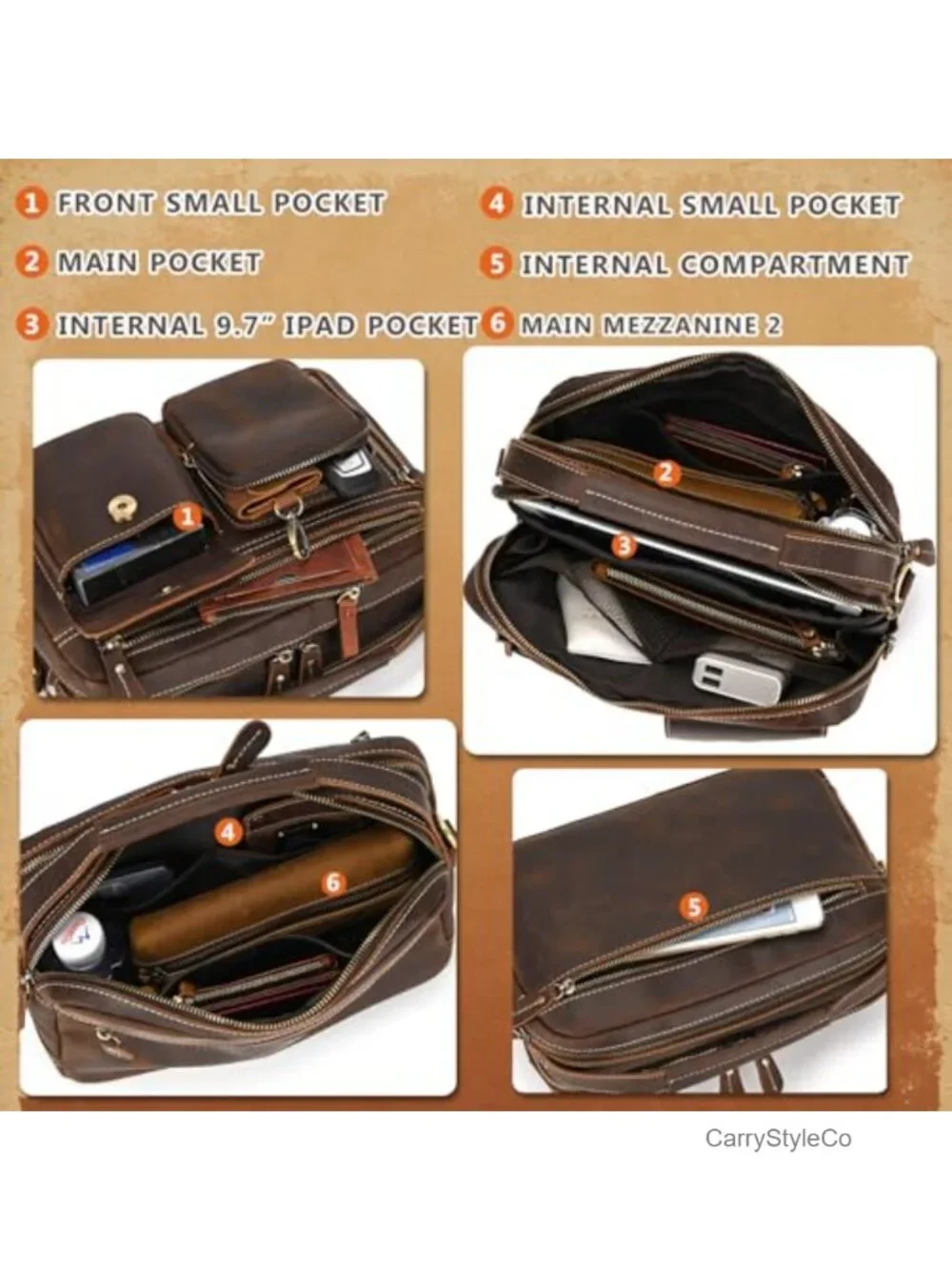 Full Grain Leather Messenger Bag for Men, Crossbody Travel Work Business